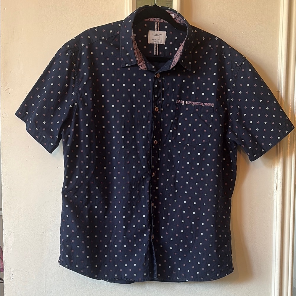 LEVEL TEN - Men's Navy Blue Patterned Shortsleeved Cotton Shirt XL